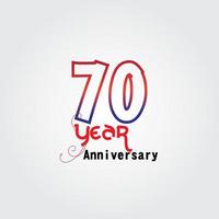 Logotipo de celebración de aniversario de 70 años. Logotipo de aniversario con color rojo y azul aislado sobre fondo gris, diseño vectorial para celebración, tarjeta de invitación y tarjeta de felicitación. vector