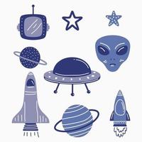 Cartoon fantasy alien planets set, funny elements for another universe design. Aliens and ufo vector objects isolated on white background. Cool cosmic collection for textile, phone case