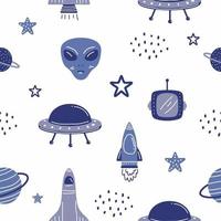 Space Galaxy constellation seamless pattern. Rocket, planets, alien, ufo, sun, moon, comet and stars on white background. Print could be used for textile, zodiac star yoga mat, phone case vector