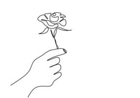 Continuous line drawing of a hand holding rose flower. Hand's woman with a flower isolated on white background. Give a sign of love for someone. Minimalism style. Vector sketch illustration