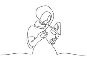 Continuous one line drawing of hijab girl reading a book. Young beautiful female in veil scarf standing while look page of book in the library. Study muslimah woman isolated on white background vector