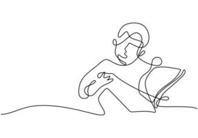 Continuous line drawing of little boy read the book. Sitting cute a kid reading a book for back to school theme minimalism style on white background. Minimalism design. Vector sketch illustration