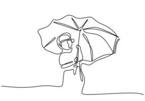 Continuous single drawn one line of little boy with umbrella. The kid walks on roadside holding umbrella in rain isolated on white background. Rainy season theme hand drawn minimalist concept vector