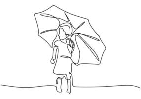 Continuous single drawn one line of little girl with umbrella. The kid walks on roadside holding umbrella in rain isolated on white background. Rainy season theme hand drawn minimalist concept vector