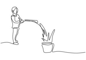 dibujo de línea continua única de un hijo regando una planta en el jardín de su casa. niño feliz aprendiendo a cuidar las plantas y regando para que crezca aislado sobre fondo blanco. ilustración vectorial vector