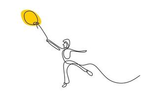 One continuous line drawing a teenager man holding balloon. Happy young boy playing air balloon in outdoors while dance and run hand draw contour on a white background. Happiness expression. vector