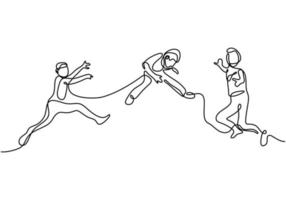 Happy jumping children continuous one line drawing. A little kids play in the playground cheerfully isolated on white background. Actively playing child one hand drawn minimalist style vector