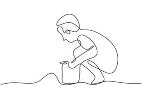 One line drawing a boy playing sand in the beach. Child boy playing sand on the bucket hand drawn continuous line art on white background. Happy childhood concept. Minimalist design vector