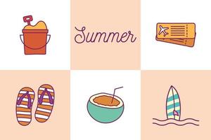 Summer line and fill style icon set vector