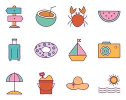 Summer line and fill style icon set vector