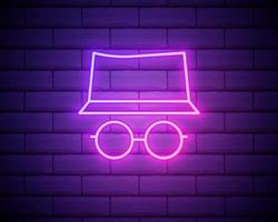Private browsing neon thin line icon person in hat and face mask on web page. Modern vector illustration.