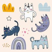 Cute cat childish cartoon. Meditating cats in yoga pose. Flat color simple style design. Vector set elements. Scandinavian drawing for baby, kids, and children fashion textile print.