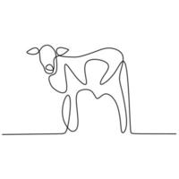 Cow continuous one line drawing. Sturdy standing cow for agriculture logo identity isolated on white background. Mammal animal mascot concept for farming icon. Minimalism design. Vector illustration