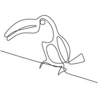 Single continuous line drawing of adorable toucan bird with big beak. Exotic animal mascot concept for national conservation park icon. Logo identity. Endangered animal. Vector design illustration