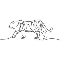 Tiger one line drawing isolated on white background. Wild animal tiger is walking in the jungle. Wild life concept. Minimalist contour animal design. Vector sketch illustration