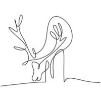 One line drawing of deer. A winter animal reindeer isolated on white background. Hand drawn single continuous line minimalism style. Deer mascot concept. Vector design illustration