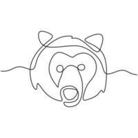 Bear's head continuous one line drawing. Danger big animal with angry expression isolated on white background. Fury bear head, snarling bear. Wild animal concept. Vector illustration