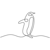 Continuous one line drawing of standing penguin isolated on white background. Cute animal pose in ice. Hand drawn minimalism style. Penguins family. Wildlife animal concept. Vector illustration