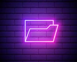 Folder of documents, portfolio with files, linear outline business icon. Neon style. Light decoration icon. Bright electric symbol isolated on brick wall vector