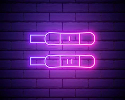 Positive and negative test neon light icon. Early sign of pregnancy. Gynecology checkup. Family planning. Outer glowing effect. Vector isolated RGB color illustration isolated on brick wall