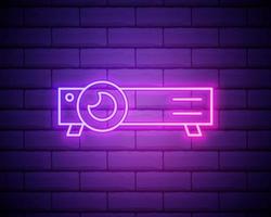 Glowing neon line Presentation, movie, film, media projector icon isolated on brick wall background. Vector Illustration