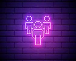 Neon light. Group line icon. Users or Teamwork sign. Person silhouette symbol. Glowing graphic design. Brick wall. Vector