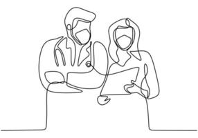 Continuous line drawing of two doctors wearing face mask discussing covid-19. Woman doctors talking with partner explain something with paper. Professional medical team fights coronavirus. vector