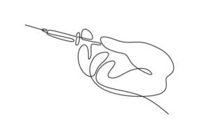 Continuous one line drawing of a hand with injection. Medical equipment or tools illustration hand drawn. A hand holding a needle for the corona vaccine test isolated on white background. vector