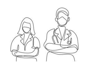 un dibujo de una sola línea del médico y la enfermera con mascarilla y posar de pie y poner la mano cruzada frente a su pecho. concepto de trabajo en equipo médico. diseño minimalista. ilustración vectorial vector