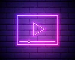 Video player neon interface, isolated vector illustration. VIdeo player glowing sign isolated on brick wall background.