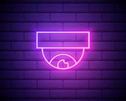 Glowing neon line Wireless Controlling CCTV security camera icon isolated on brick wall background. IOT Concept and remote home appliance. Vector Illustration