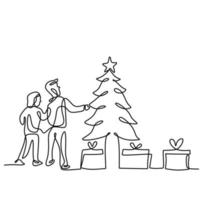 two little boy with a decorated Christmas tree, with gifts one line drawing isolated on white background. Happy man standing in front of christmas tree. Merry Christmas and Happy New Year vector