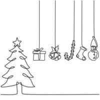 One line christmas tree with hanging decoration gift box, star, bell, and sock. Christmas party in winter season. Merry christmas theme hand-drawn line art isolated on white background vector