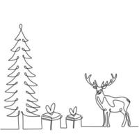 árboles de navidad y ciervos dibujo vectorial continuo de una línea. Reno con caja de regalo fiesta de navidad en temporada de invierno. Feliz navidad banner, estilo minimalista aislado sobre fondo blanco. vector