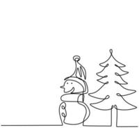 Continuous line vector illustration drawing of Snowman, christmas tree and gift box isolated on white background. The concept of Christmas hand-draw line art design minimalist style