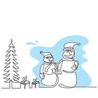 Continuous line vector illustration drawing of Snowman, christmas tree and gift box isolated on white background. The concept of Christmas hand-draw line art design minimalist style