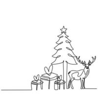 árboles de navidad y ciervos dibujo vectorial continuo de una línea. Reno con caja de regalo fiesta de navidad en temporada de invierno. Feliz navidad banner, estilo minimalista aislado sobre fondo blanco. vector