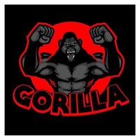 Gorilla logo black and red color. Ferocious angry gorilla mascot logo cartoon character. The gorilla is standing with holding two hands and giving wild expression. Vector design logotype