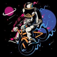 Sporty astronaut rides on bicycle at the moon. Spaceman astronaut with healthy lifestyle. Cartoon art for print design t-shirt apparel poster children. Hand drawn sketch vector illustration