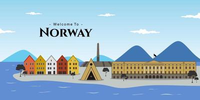 Beautiful panorama view in Norway. Urban landscape for holiday design, poster with european building. Great famous landmark for your destination. Travel and trip tourist vacation concept vector