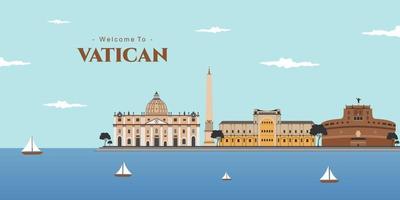 Panoramic view of Vatican, Rome. The best destination with famous historical building for tourist vacation. Rome cityscape with landmark. Italy in a travel and tourism concept. Vector illustration