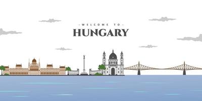 Panorama view of Budapest with greatest landmarks in the world, collection abstract isolated vector illustration. Welcome in Hungary. Around in the world concept. Travel and Tourist attraction.