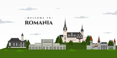 Panoramic view of Romania with famous building landmarks. Welcome to Romania postcard. Amazing place for tourist visit. Great destination for holiday. Travel to Romania. Vector illustration