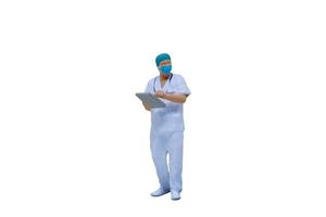 Miniature doctors with protective suits and masks on a white background photo