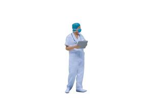 Miniature doctors with protective suits and masks on a white background photo