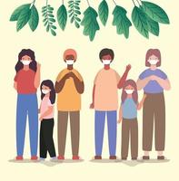 Interracial family wearing face masks vector