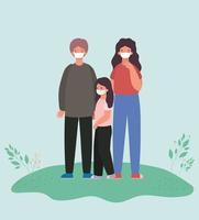 Mother, father and daughter with face masks and leaves vector