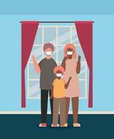 Family with masks at home vector design