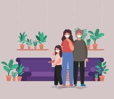 Family with face masks at home vector design