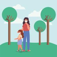 Mother and daughter with masks at the park vector design